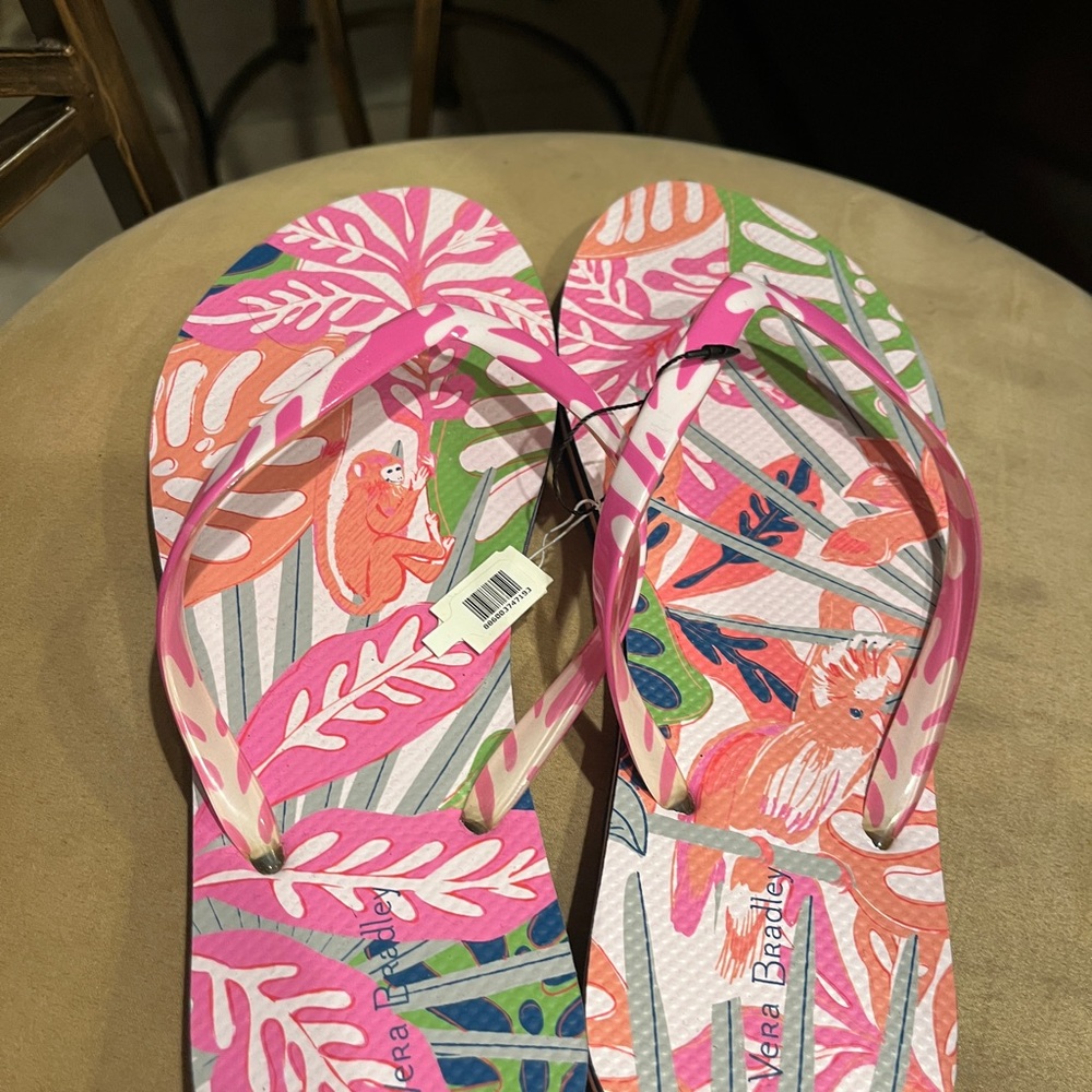 Vera Bradley Pink and Green Tropical Flip Flops